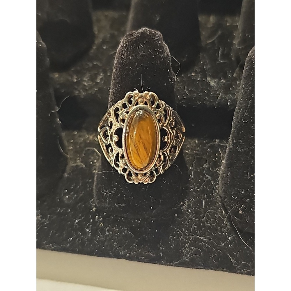 925 Sterling Silver & Tiger's Eye Scrolling Ring SIgned RJ Oval Cabochon Sz 7